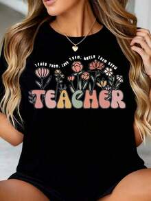 Teacher's T-Shirt 2026 - "Teach Them, Love Them, Watch Them Grow" Floral Design, Cute Teacher's T-Shirt, Perfect Gift For Teacher's Day, Back To School Or Mother's Day. - 黑色 - 查看 7