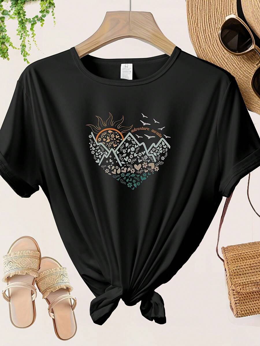 Talla Grande - Talla Grande - Camiseta Bohemia Floral con Estampado de Sol y Corazones | Top Casual de Manga Corta y Cuello Redondo para Mujer, Lavable a Máquina, Moda de Primavera Otoño, Negra con Diseño de Corazón Colorido, Estilo Bohemio, Tejido de Elasticidad Media
