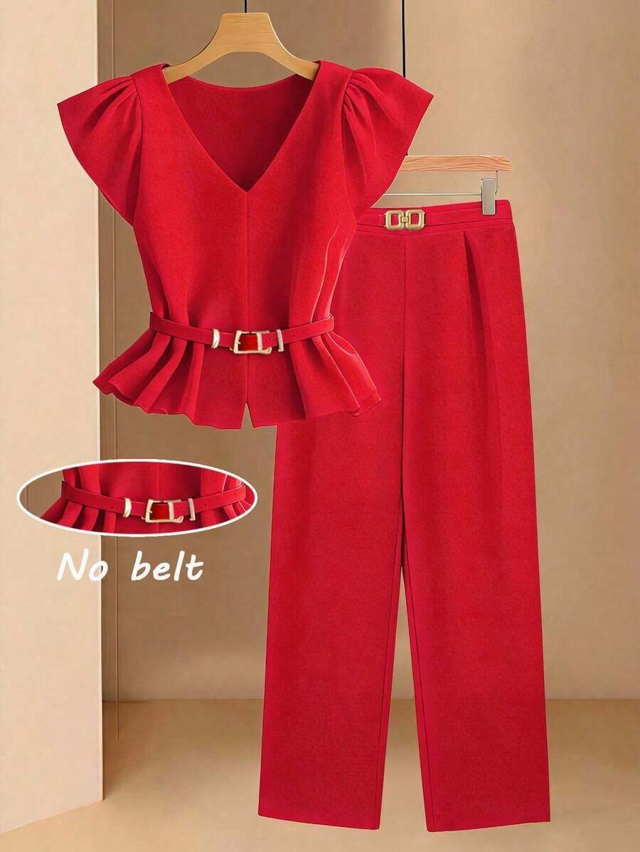 Conjunto informal de mujer con blusa de cuello en V plisada y pantalones de pierna ancha de unicolor - Rojo - Ver 1