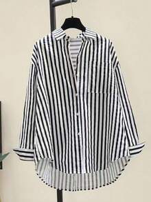 Camisa de manga larga casual con bolsillo en el pecho y estampado de rayas para mujeres, otoño e invierno - Azul marino - Ver 1