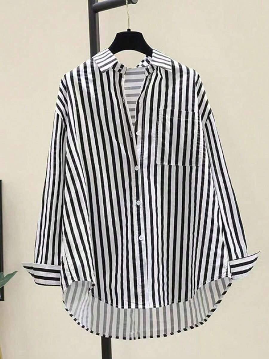 Camisa de manga larga casual con bolsillo en el pecho y estampado de rayas para mujeres, otoño e invierno - Azul marino - Ver 1