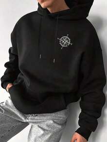 Men's Hoodie, Compass And Wings Print, Loose Fit, With Adjustable Drawstring, Autumn/Winter - Army Green - View 6