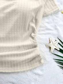 Camiseta corta de manga corta con cuello asimétrico, cintura fruncida y tejido jacquard acanalado amarillo.Moda primavera/verano para mujeres, estilo minimalista y elegante, apropiado para maestros/estudiantes, de uso versátil y casual. - Albaricoque - Ver 3