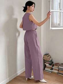 Set de 2 piezas de camisa y pantalones de pierna ancha de unicolor para mujer, conjuntos de ropa de descanso para mujer - Rosa - Ver 2