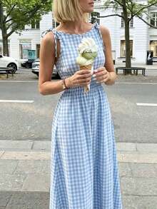 Vestido maxi a cuadros marrones 2026 para mujer, con tirantes de lazo y cintura fruncida con volantes, estilo minimalista casual y perfecto para vacaciones y uso diario - Azul y blanco 2 - Ver 7