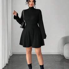 Vestido elegante de unicolor de punto elástico con cuello alto para mujer talla grande, nuevo para otoño/invierno - Burdeos - Ver 5