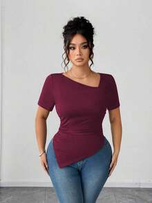 Camiseta de manga corta de cuello asimétrico para mujer talla grande, top ajustado versátil y elegante de alta gama, adecuado para primavera/verano - Burdeos - Ver 3