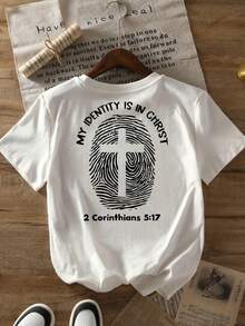 Short-Sleeved T-Shirt With Front And Back Print, Featuring Christian Themes And Faith Motifs, Round Neck, Casual Short-Sleeved T-Shirt For Women - Women's Clothing, Comfortable Fit, Classic Design. - 白色 - 查看 3