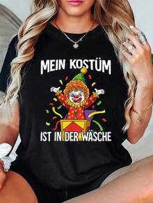 Camiseta con estampado gráfico "Mein Kostum Ist In Der Wasche", manga corta y cuello redondo, top casual para verano y primavera, ropa de mujer - Negro - Ver 6