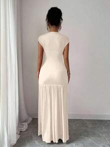 YHHElenzga Nuevo vestido de moda de línea A con cuello alto, sin mangas, de color rojo sólido, con parches de malla calada y plisados, adecuado para fiesta de graduación, eventos festivos, citasYHH - Albaricoque - Ver 2