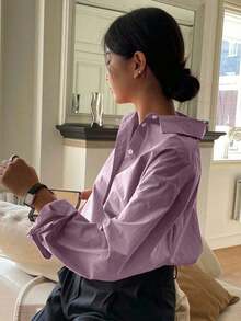 Camisa holgada de mujer de unicolor, de manga larga y de abotonadura sencilla - Morado - Ver 2