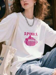 Camiseta de manga corta "En octubre usamos rosa" para la concientización sobre el cáncer de mama, camiseta casual para mujer, 100% algodón. - Blanco - Ver 4
