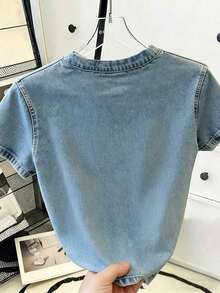 Camiseta casual de mujer con cuello redondo y mangas cortas, con efecto desgastado, versátil para uso diario - Multicolor 8 - Ver 3