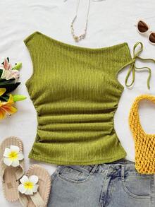 Blusa de punto con textura de burbujas de color albaricoque, cuello asimétrico con lazo en la cintura, ajuste ceñido, adecuada para fiesta, cita, paseo por la ciudad, viaje por carretera, playa de verano - Verde Oliva - Ver 3