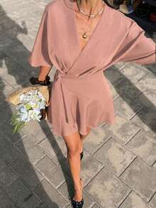 Vestido corto casual y de viaje con cuello en V y estampado de cuadros para mujer - Rosa vieja - Ver 8