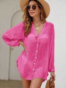 Holidaya Kimono unicolor con botón delantero - Rosa Fucsia - Ver 3