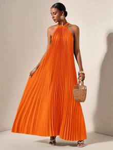 Vestido holgado de verano y primavera casual de vacaciones de cuello halter sin mangas con pliegues y bajo en A, color verde oscuro - vestido para mujer - Naranja - Ver 5