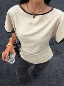 Camisa casual de mujer con ribete de contraste en la cintura y manga corta, para verano - Multicolor - Ver 4