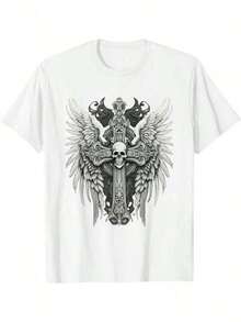 Camiseta con estampado de calavera y cruz en estilo gótico, estética grunge y Y2K, hecha de 100% puro, una camiseta impresa casual y transpirable con un patrón y mangas cortas - Blanco - Ver 2