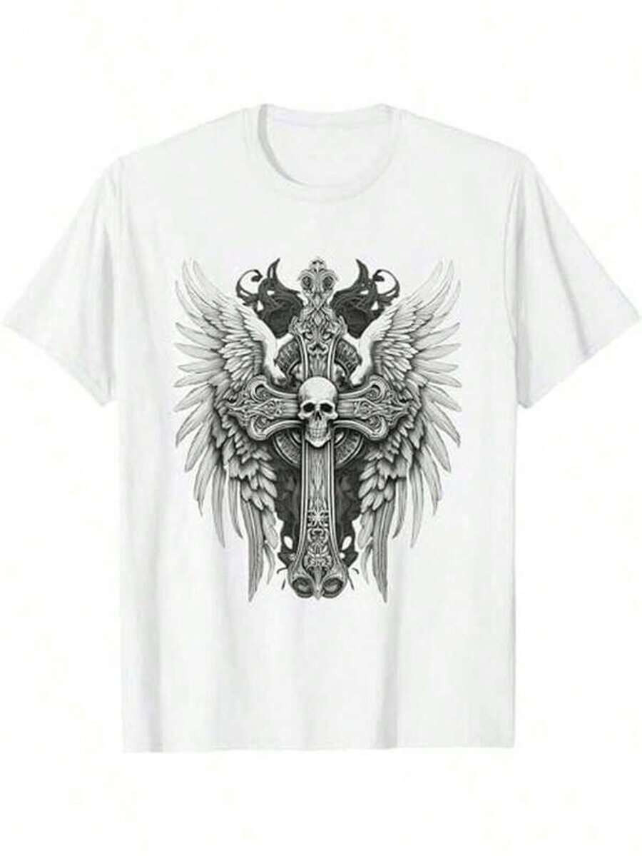 Camiseta con estampado de calavera y cruz en estilo gótico, estética grunge y Y2K, hecha de 100% puro, una camiseta impresa casual y transpirable con un patrón y mangas cortas