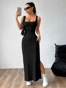 maxi informal sin mangas con abertura lateral, atuendo de mujer - Negro - Ver 5