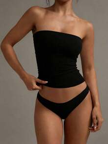 Camiseta sin tirantes sexy básica, top tubo ajustado de unicolor y elástico a la moda, adecuado para mujeres en todas las estaciones, casual negro de verano - Negro - Ver 2