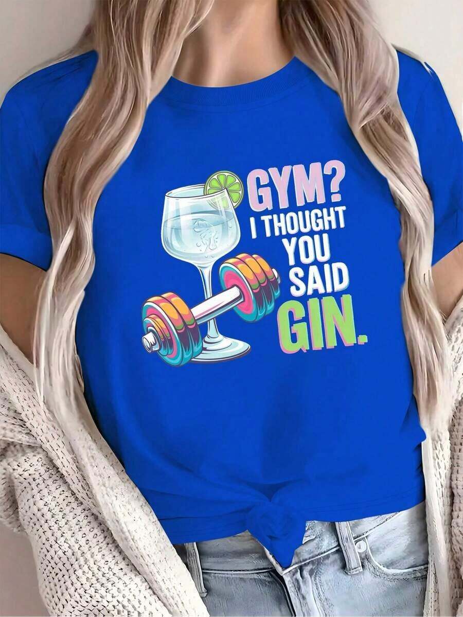 Comfortable, Modern Minimalist T-Shirt With A Cartoon Gin And Tonic Dumbbell Print; A Comfortable And Simple T-Shirt For Women. Loose, Versatile Short-Sleeve T-Shirt For Women. - 藍色的 - 查看 1