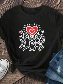 1 pieza de camiseta para mujer con estampado "Love From The Cat", suave y transpirable, elasticidad media, lavable a máquina, camiseta de cuello redondo estampada, ropa de mujer, ropa casual de manga corta, 180g 100% algodón, los patrones son todos estampados. Unisexo. - Negro - Ver 2