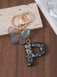 1pc A-Z Black Glitter Letter & Butterfly Keychain, Initial Resin Keyring, Holographic Butterfly Bag Charm, Car Key Accessory, Fashion Aesthetic Gift For Girls - Black - View 29