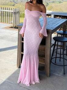 Vestido Largo Sin Tirantes con Huecos Manga Larga Estilo Novedad Bestseller - Rosa - Ver 4