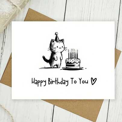 1张可爱小猫生日贺卡，附信封 - 可爱的小猫戴着派对帽，蛋糕图案，以及真挚的“生日快乐”祝福，是送给配偶、周年纪念日或特别爱人的理想礼物，也是送给爱猫人士的完美之选。
