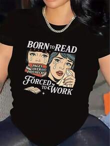1 camiseta de manga corta de poliéster para mujer - diseño estampado "Nacida para leer, obligada a trabajar", ligera y duradera, la opción preferida para oficina en casa y uso casual, cómoda y ajustada para el uso diario, 100% algodón. - Negro - Ver 7