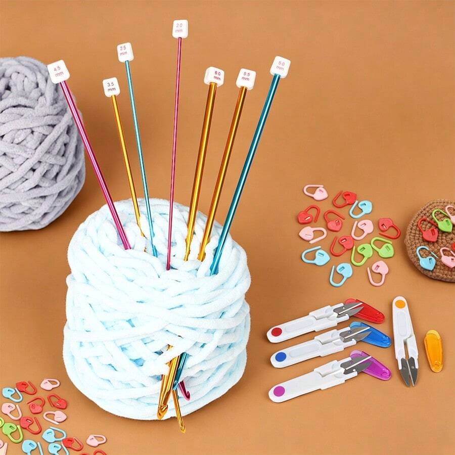 11pcs/Set 27cm Colorful Metal Crochet Hooks Kit Includes 20 Stitch Markers + 1 Scissor, Random Color, DIY Knitting Tools - Crochet Set - View 1