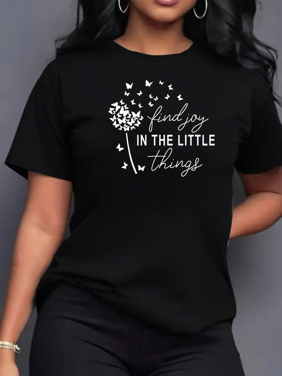 PremiumCamiseta cómoda de manga corta para mujer, estilo casual y holgado, camiseta de mujer con estampado artístico de letras y diente de león, camiseta estampada, top femenino, linda.Nueva llegada - Negro - Ver 1
