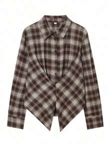 Camisa casual de manga larga con volantes y abertura lateral, a cuadros, para otoño y primavera - Púrpura polvoriento - Ver 5