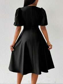 Vestido verde de manga abullonada larga, cuello en V, cintura recogida y bajo acampanado, para primavera y verano - Negro - Ver 2