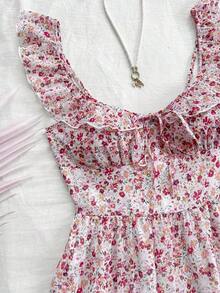 Vestido midi de línea A con cintura fruncida y escote en V, estilo vacacional para mujer.Vestido de línea A con volantes en las mangas tipo campana, de gasa, vestido de verano, adecuado para uso en bodas románticas y almuerzos - Multicolor 2 - Ver 3