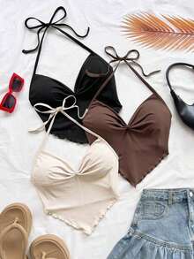 Nuevo atuendo casual de primavera/verano para vacaciones, boda en la playa, invitado de boda, graduación, brunch, Día de San Patricio, Spring Break, Pascua, festival de música, elegante, bohemio, tropical, top con atar en el cuello para fiesta - Multicolor 3 - Ver 7