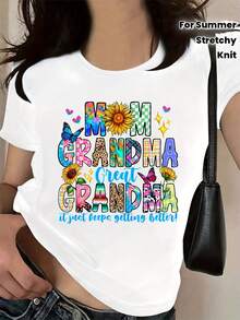 Camiseta de poliéster para mujer con cuello redondo, estampado de girasoles y mariposas con letras 'MOM GRANDMA GREAT GRANDMA', tejido casual con mediana elasticidad para verano - Blanco - Ver 2