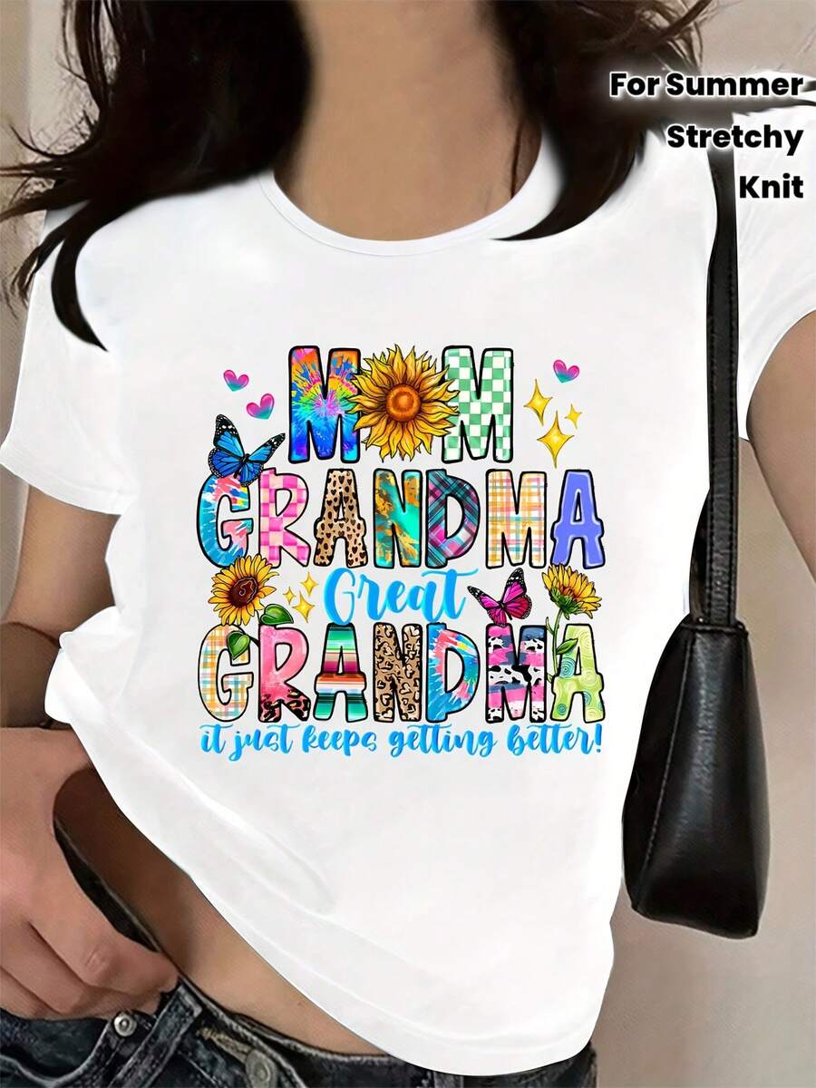 Camiseta de poliéster para mujer con cuello redondo, estampado de girasoles y mariposas con letras 'MOM GRANDMA GREAT GRANDMA', tejido casual con mediana elasticidad para verano