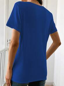 Classic T-Shirt With Blue Butterfly Print, Fashionable Women's T-Shirt, Casual Short-Sleeved Top With Loose Fit And Medium Elasticity, Best-Selling Women's Clothing. - 藍色 - 查看 5