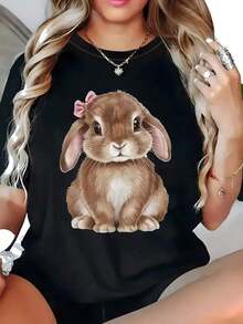 SummerCamiseta de mujer con adorable lazo de conejo, ideal para primavera. 100% algodón, corte holgado, transpirable, estilo urbano hip-hop, estampado gráfico único.Fashion All-match Women's Short Sleeve T-shirt, Basic Style for Inner & Outer Wear - Negro - Ver 10