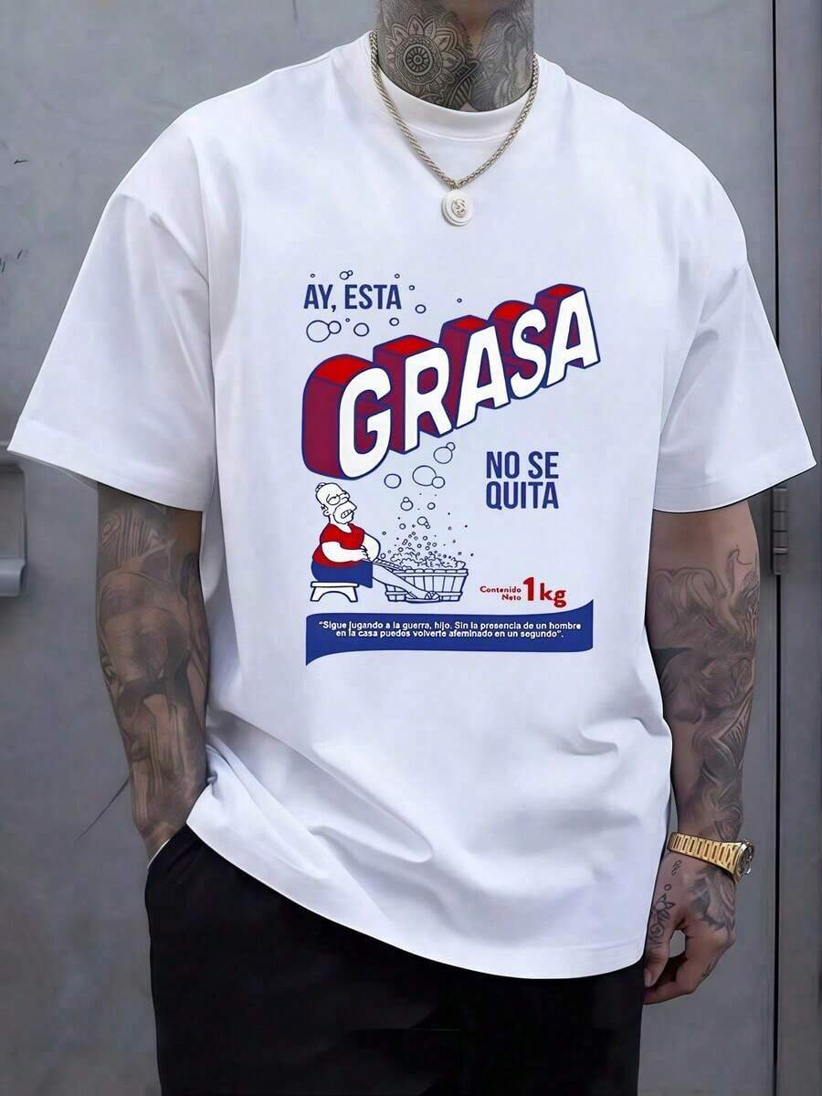 Funny Graphic With The Phrase "Oh, This Fat Just Won't Come Off" Accompanied By An Illustration Of A Man Pushing A Shopping Cart, Conveying Humor And Contrast About Everyday Tasks And Daily Life. Men's T-Shirt, 100% Cotton, Comfortable - Summer Wear, Breathable - 白色的 - 查看 1
