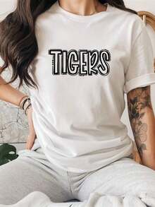 Camiseta Deportiva Casual para Mujer con Estampado de Letras 'TIGERS', Manga Corta, Cuello Redondo, Corte Holgado para Primavera/Verano > Hermosa. - Blanco - Ver 1