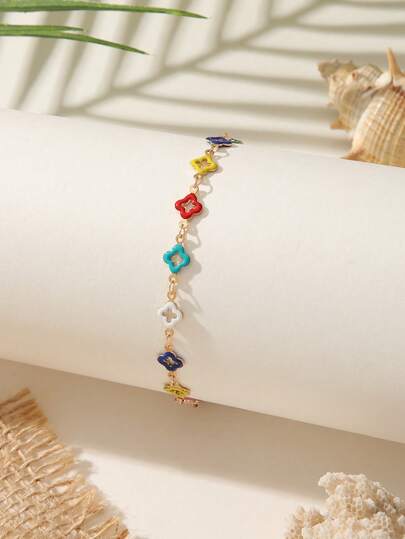 Colorful Enamel Four-Leaf Clover Anklet, Suitable For Girls Daily Vacation Outfit, Best Gift For Friends