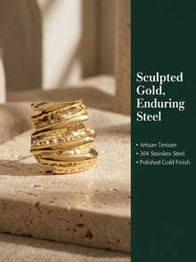 304 Stainless Steel Textured Wavy Stud Earrings, Hypoallergenic Pleated Design Exaggerated Earrings, Fashionable Layered Daily Wear Jewelry - Multicolor - View 4