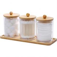 Tbestmax 10 Oz Cotton Swab/Ball/Pad Holder With Vanity Tray, Qtip Apothecary Jar, Bathroom Containers Dispenser Storage 3 Pack Wood Lids - Three-piece Set + Tray - View 8