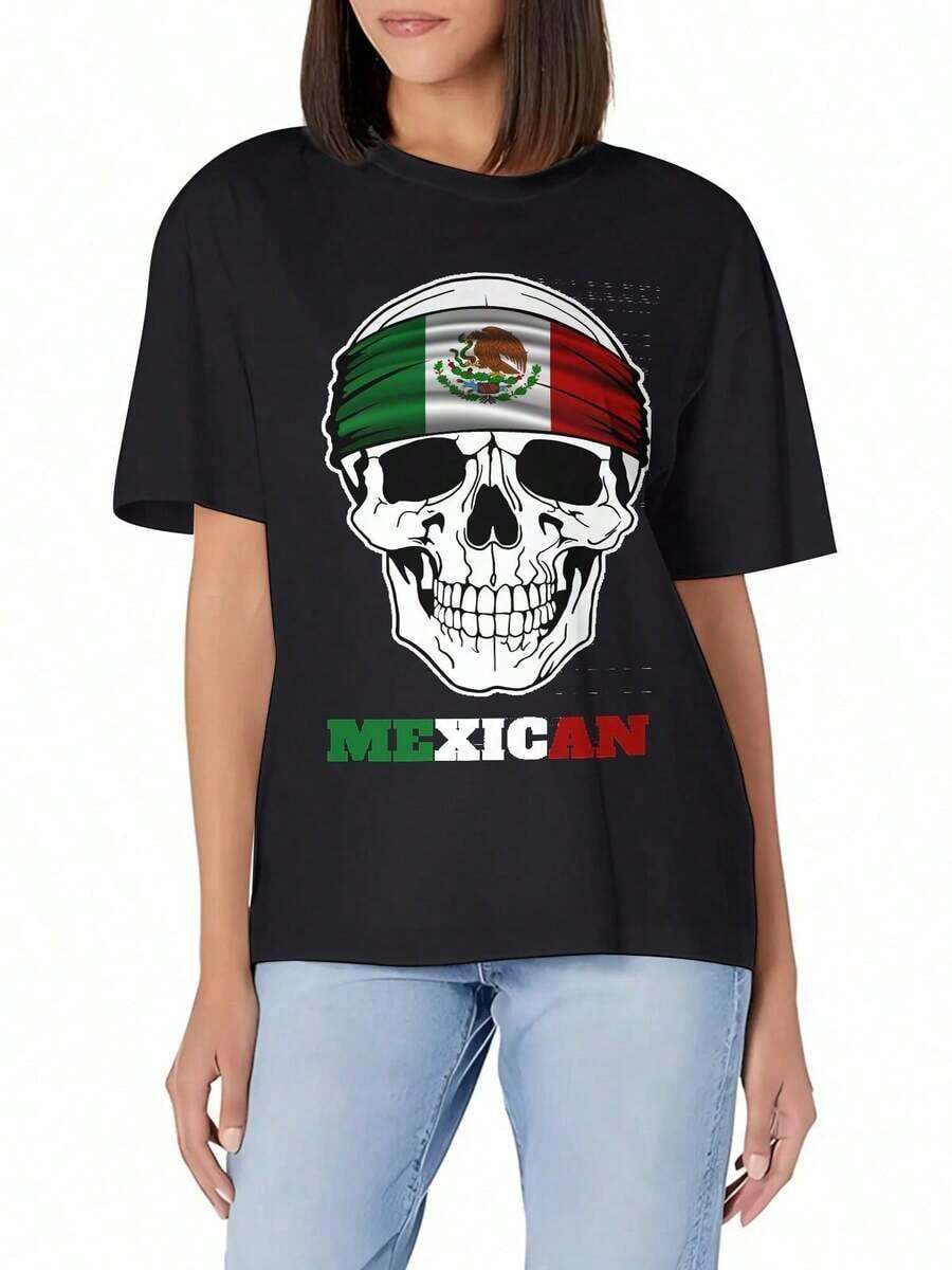 Camiseta Básica de Cuello Redondo para Mujer con Diseño de Calavera Michoacán México - Algodón Suave, Corte Ajustado, Versátil para Uso Diario - Negro - Ver 1