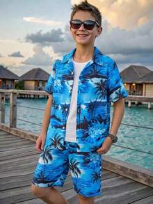 Purechapter 两件套男童夏威夷衬衫短裤套装，宽松短袖休闲时尚沙滩装，夏季 - 藍色 - 查看 3