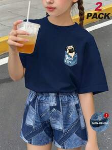 2件組可愛女孩套裝，口袋巴哥犬印花T恤與拼接仿牛仔短褲，柔軟夏季街頭穿搭 - 藏蓝色 - 查看 3